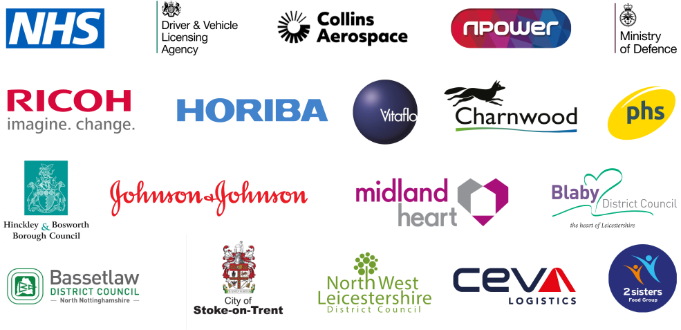 Our clients include the NHS, DVLA, MOD, PHS, Npower, Horiba, Charnwood, Ricoh, Collins Aerospace and more